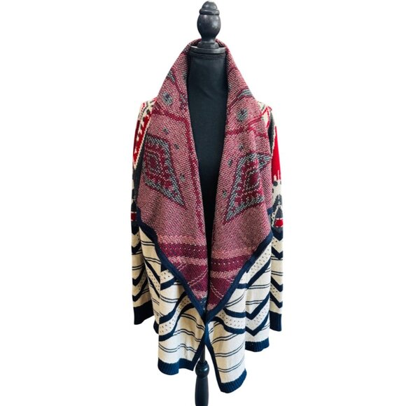 St. Johns Bay XXLT Red & Grey Knit Cardigan Open Front Asymmetrical Southwestern - Picture 2 of 10